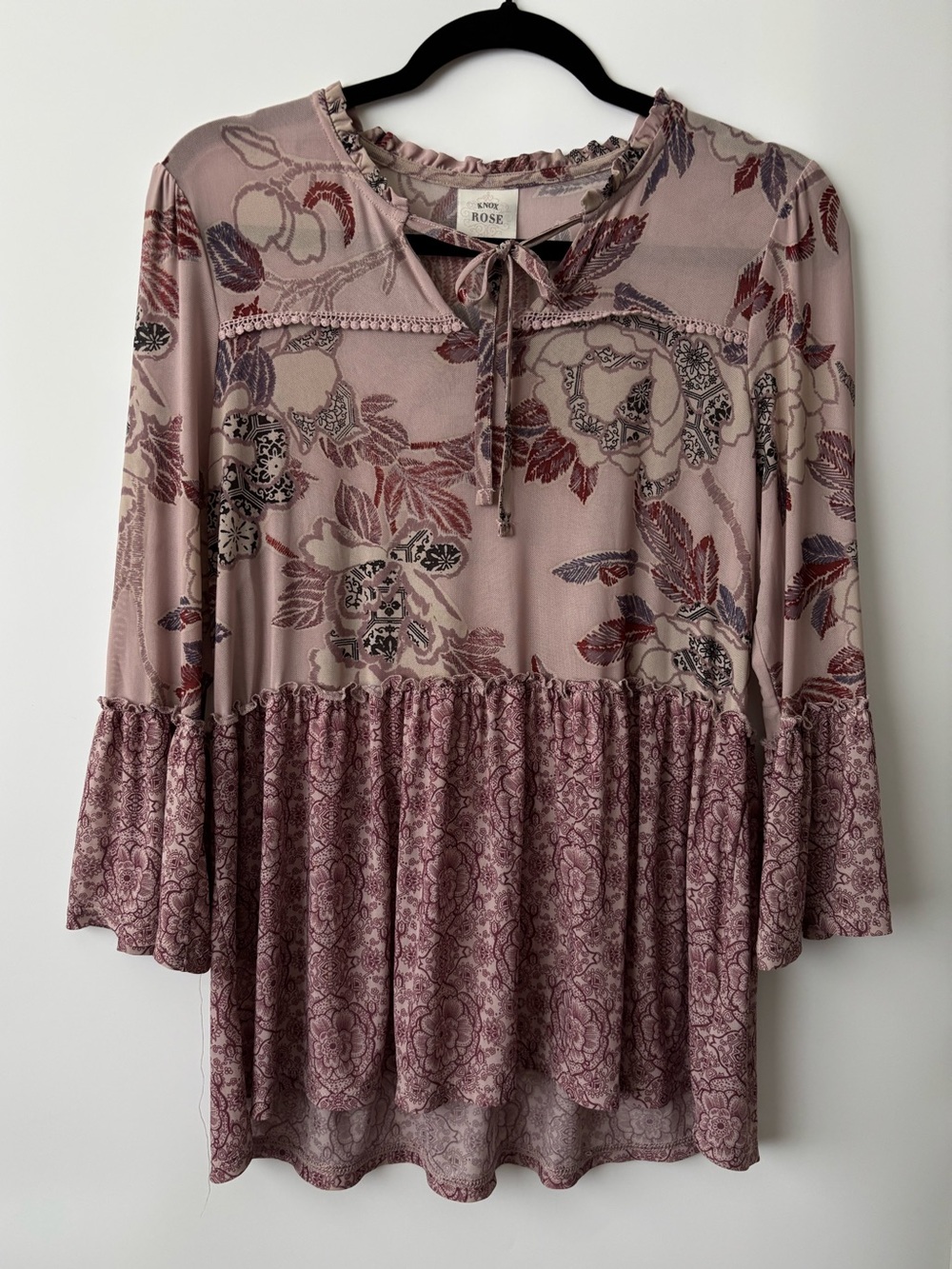 Knox Rose Mixed Floral Print Tunic Blouse Bell Sleeve Boho Prairie Romantic Sz M
